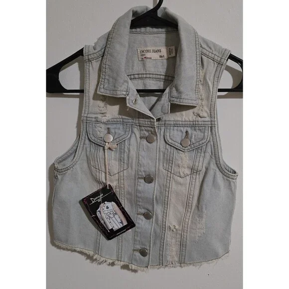 Denim Trucker Style Vest Womens Small Distressed Button Front Sleeveless Y2K New - Picture 6 of 16